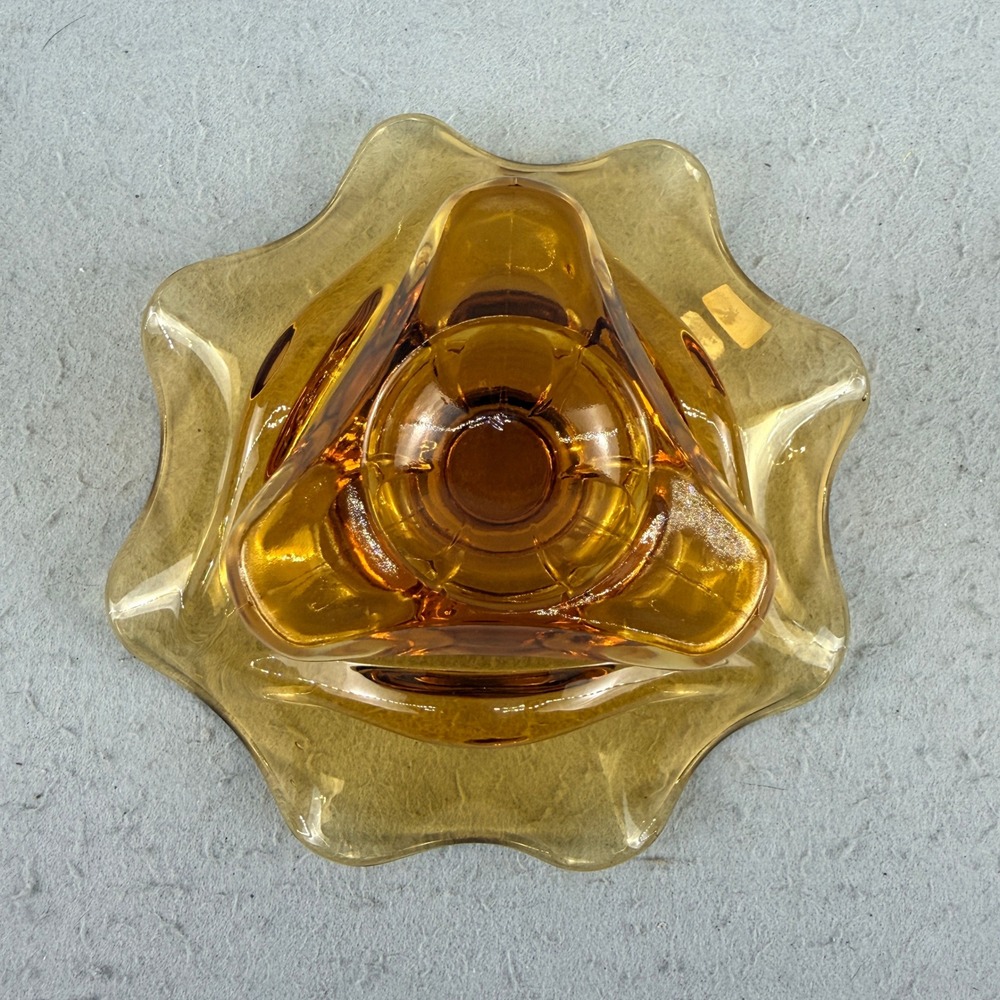 Viking Glass 7107 Amber Ruffled Hand Made Three Footed Compote Bowl MCM - Picture 5 of 7